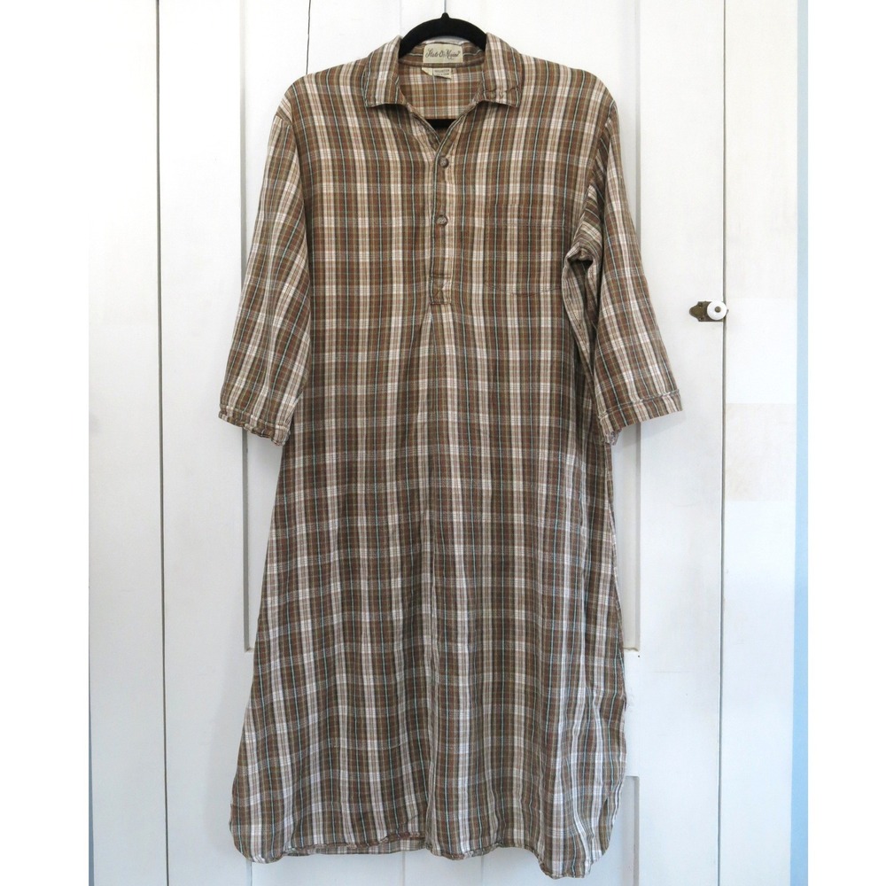 Vintage State of Maine Brown Plaid Cotton Nightshirt Nightgown Womens Medium - Picture 2 of 7